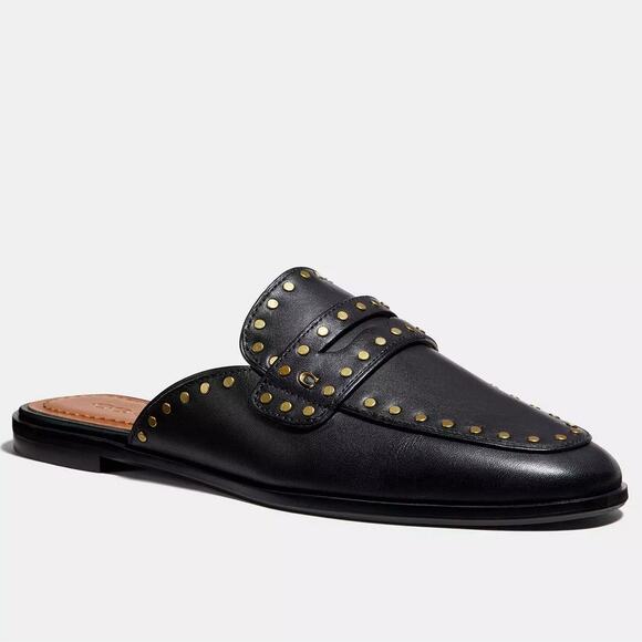 Coach Faye Studded Loafer Slide Mules - Black Leather - 7 - Picture 1 of 12